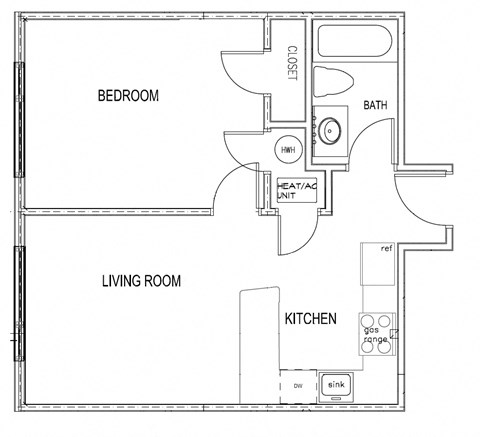 Floor plan for 1 bed, 1 bath, 515 sqft